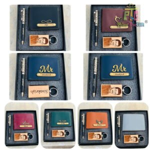 Men’s Wallet Combo – Personalized Leather Wallet, Pen & Wooden Keychain Set