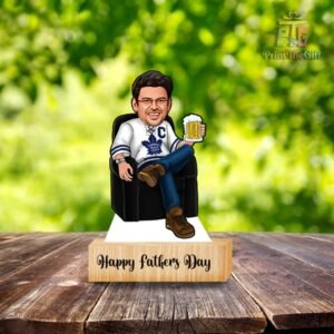 Customized Caricature with Wooden Base – Chilling Pose, Unique Gift Idea