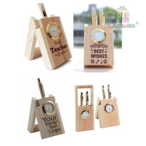Wooden pen stand with clock and name/logo with 2 bamboo pens