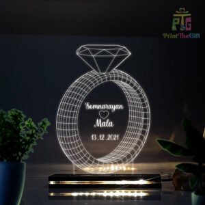 Customized Couple Name, Diamond Ring 3D Illusion Lamp, Personalized 3D Illusion, LED Night lamp with Wooden Base