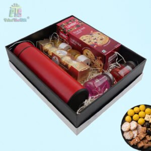 Ultimate Diwali Combo Set LED Diya 2 Pcs , Scented Candle , Ferrero Rocher Pack of 4 ,Unibic Fruit & Nut Cookies & Red Temperature Bottle