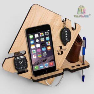 Laser Cut Wood Phone Docking Station With Key Holder Wallet Stand Watch Organizer Men Gift